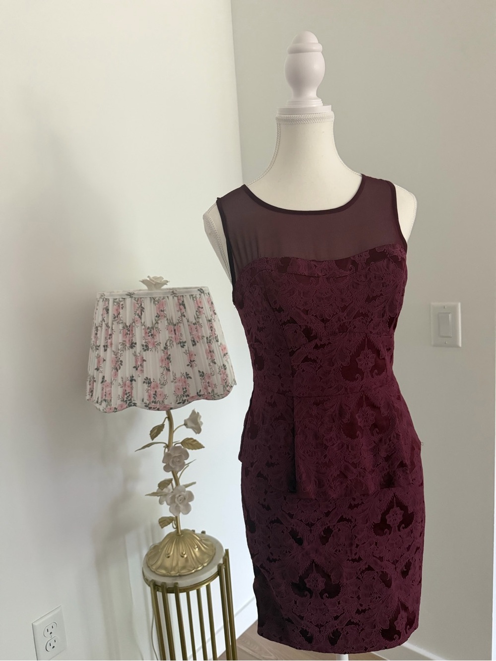 Forgiveness Burgundy Lace Midi Dress with Sheer Yoke